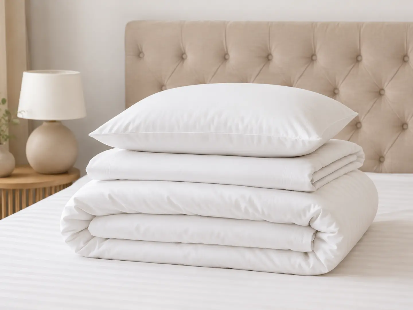 Folded bedsheets in white, grey and beige